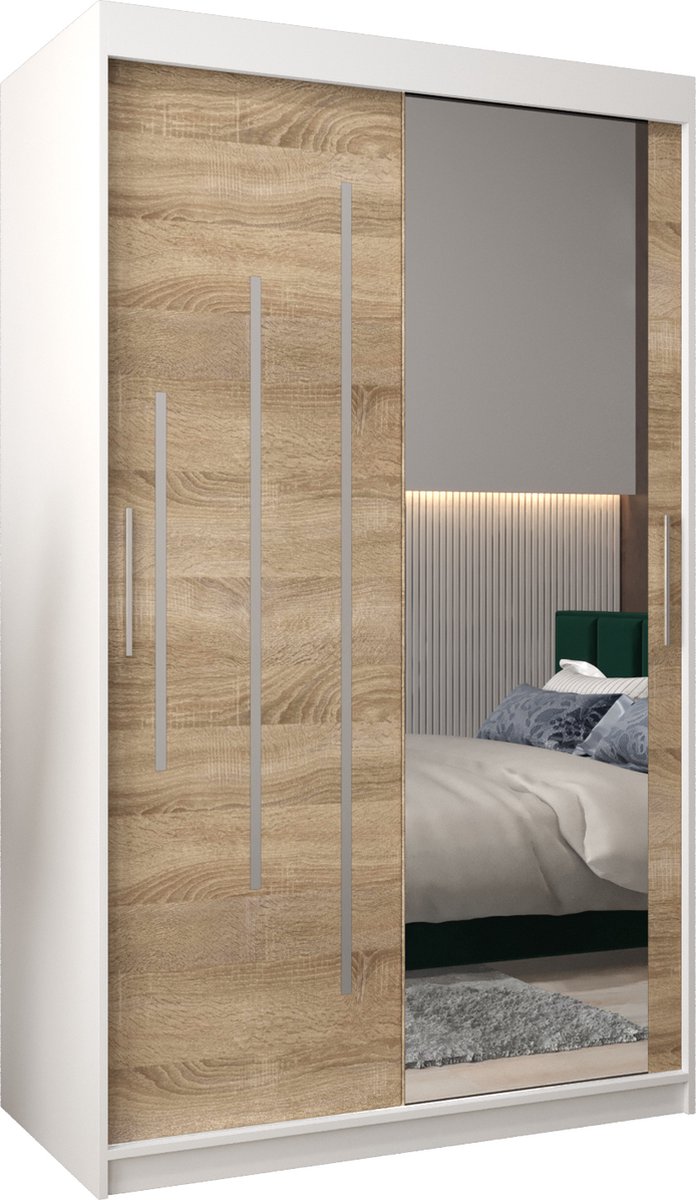 InspireME Kledingkast met 2 schuifdeuren, Modern-stijl, Een kledingkast met planken en een spiegel (BxHxD): 120x200x62 - MALTESE II 120 Wit Mat + Sonoma Eik