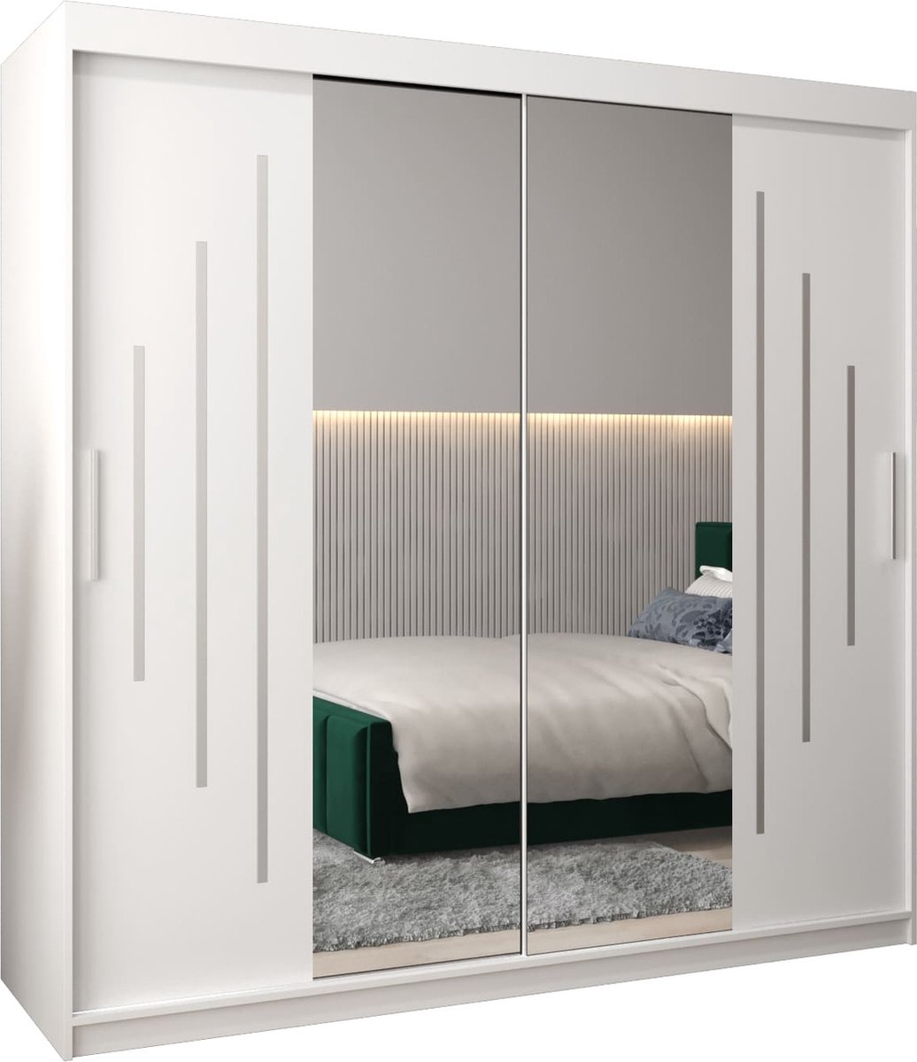 InspireME Kledingkast met 2 schuifdeuren, Modern-stijl, Een kledingkast met planken en een spiegel (BxHxD): 200x200x62 - MALTESE I 200 Wit Mat