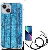 Shockproof Case Geschikt voor iPhone 14 Telefoonhoesje met doorzichtige rand Wood Blue