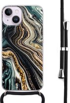 Hoesje met koord - Geschikt voor iPhone 14 - Marble swirl - Verstelbaar zwart koord - Transparant, Multi - Marmer - Leuke Telefoonhoesjes