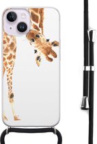 Hoesje met koord - Geschikt voor iPhone 14 - Giraffe - Verstelbaar zwart koord - Bruin, Transparant - Giraffe - Leuke Telefoonhoesjes