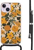 Hoesje met koord - Geschikt voor iPhone 14 - Retro flowers - Verstelbaar zwart koord - Transparant, Oranje - Bloemen - Leuke Telefoonhoesjes