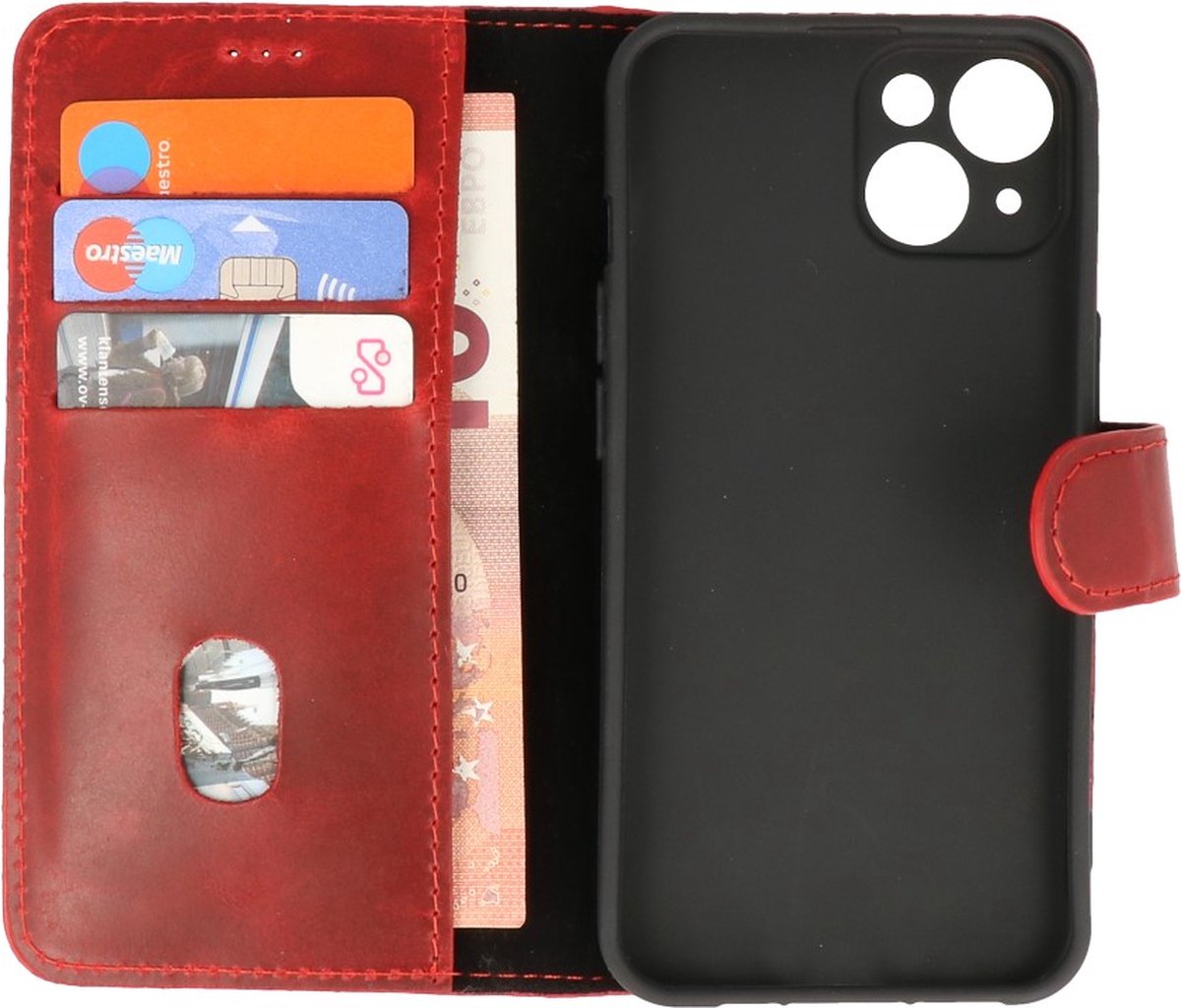 Galata Echt Lederen iPhone 14 Handmade Hoesje - BookCase - Rood