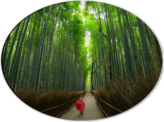WallClassics - Dibond Ovaal - Bamboe Bomen met Japanse Paraplu - 40x30 cm Foto op Ovaal (Met Ophangsysteem)