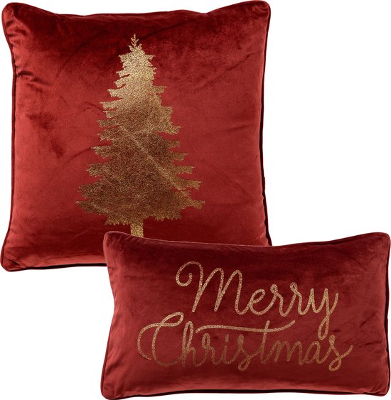 Set van 2 kerst sierkussens - rood en goud - 1x TREE - 1x MERRY CHRISTMAS - inclusief polyester vulling - zachte stoffen - sfeerkussens cadeau geven