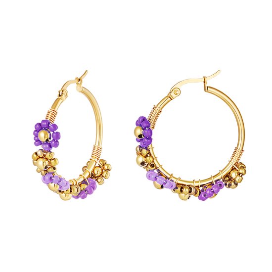 Yehwang - Oorbellen - flowerpower beads earrings - purple - paars - stainless steel