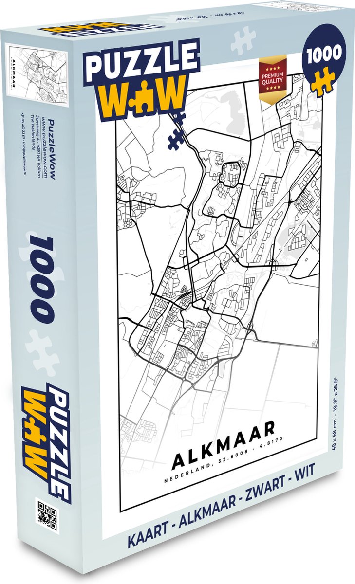 Puzzel Kaart - Alkmaar - Zwart - Wit - Legpuzzel - Puzzel 1000 stukjes volwassenen