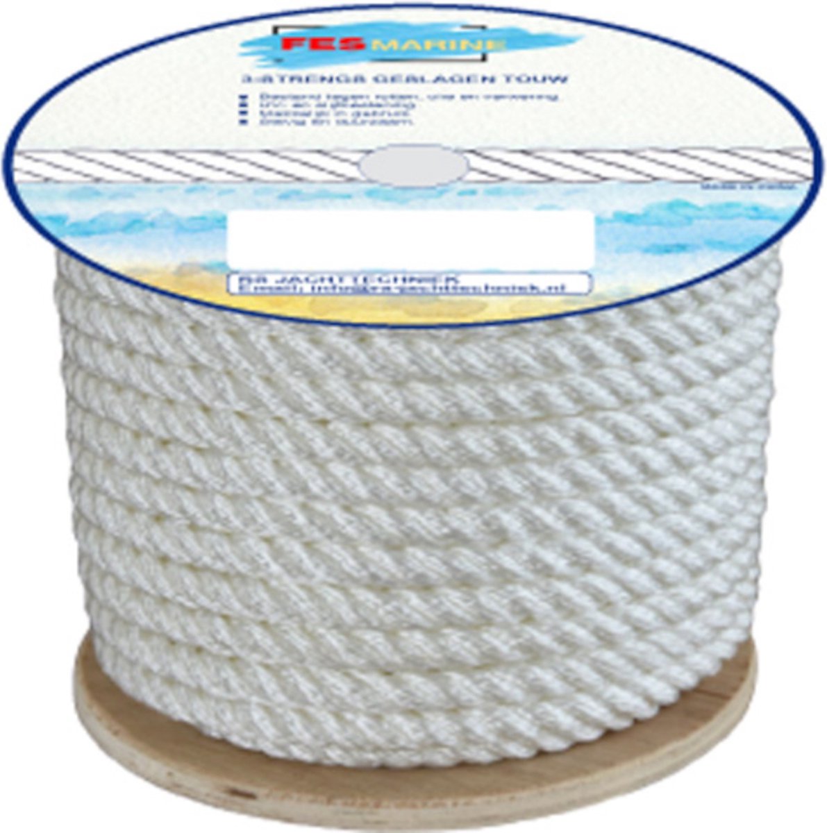 FES Marine Landvast Touw - 3-strengs geslagen polypropyleen per rol - 91 meter - Wit - Ø12mm