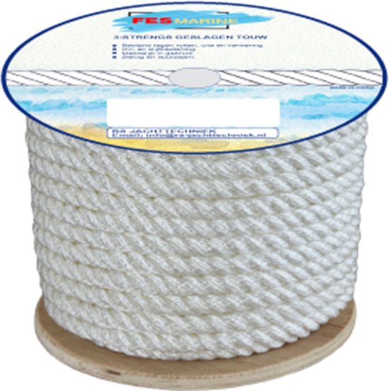 FES Marine Landvast Touw - 3-strengs geslagen polypropyleen per rol - 91 meter - Wit - Ø12mm