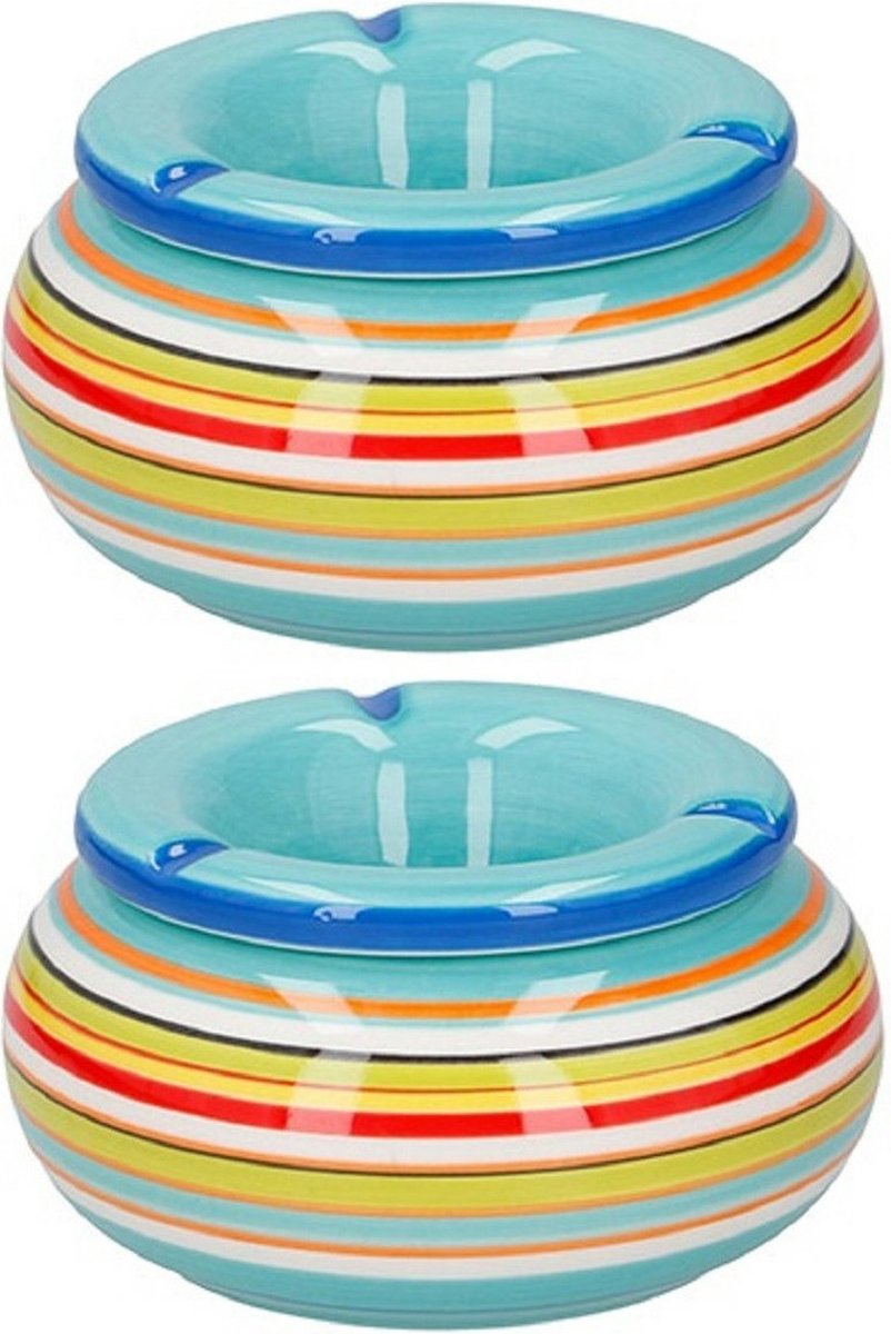 Goedkoopste G.Wurm Storm asbak - 2x stuks - Keramiek blauw/multi-kleur 13 x 7 cm