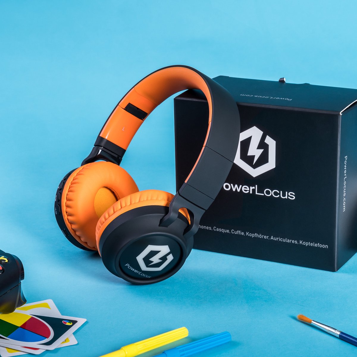 PowerLocus Buddy Draadloze On-Ear Koptelefoon voor Kinderen, LED lampjes, 85db Limiet, met Microfoon, Micro SD poort - Upgrade Zwart/Oranje – foto 4