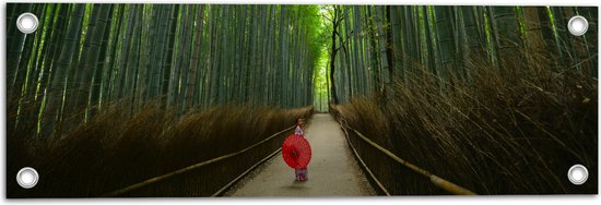 WallClassics - Tuinposter – Bamboe Bomen met Japanse Paraplu - 60x20 cm Foto op Tuinposter  (wanddecoratie voor buiten en binnen)