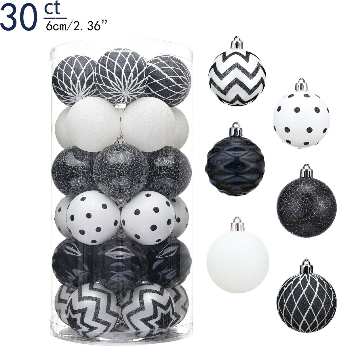 JMP Collections | Kerstballen | 30 Delige set | Kerstversiering | Onbreekbare kerstballen | Plastic | Kunststof | Zwart & Wit