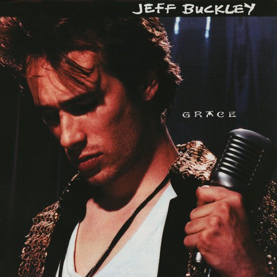 Jeff Buckley met microfoon, titel 'GRACE' in het midden. Goudkleurig jasje.