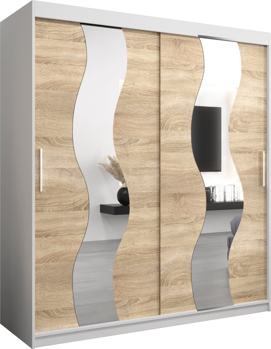 InspireME Kledingkast met 2 schuifdeuren, Modern-stijl, Een kledingkast met planken en een spiegel (BxHxD): 180x200x62 - REESE 180 Wit Mat + Sonoma Eik