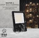 Zwarte LED-schijnwerper, met waterdruppels, naast tekst over IP66 water- en stofbescherming.