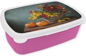 Broodtrommel Roze - Lunchbox - Brooddoos - Mand - Pompoen - Chrysant - 18x12x6 cm - Kinderen - Meisje