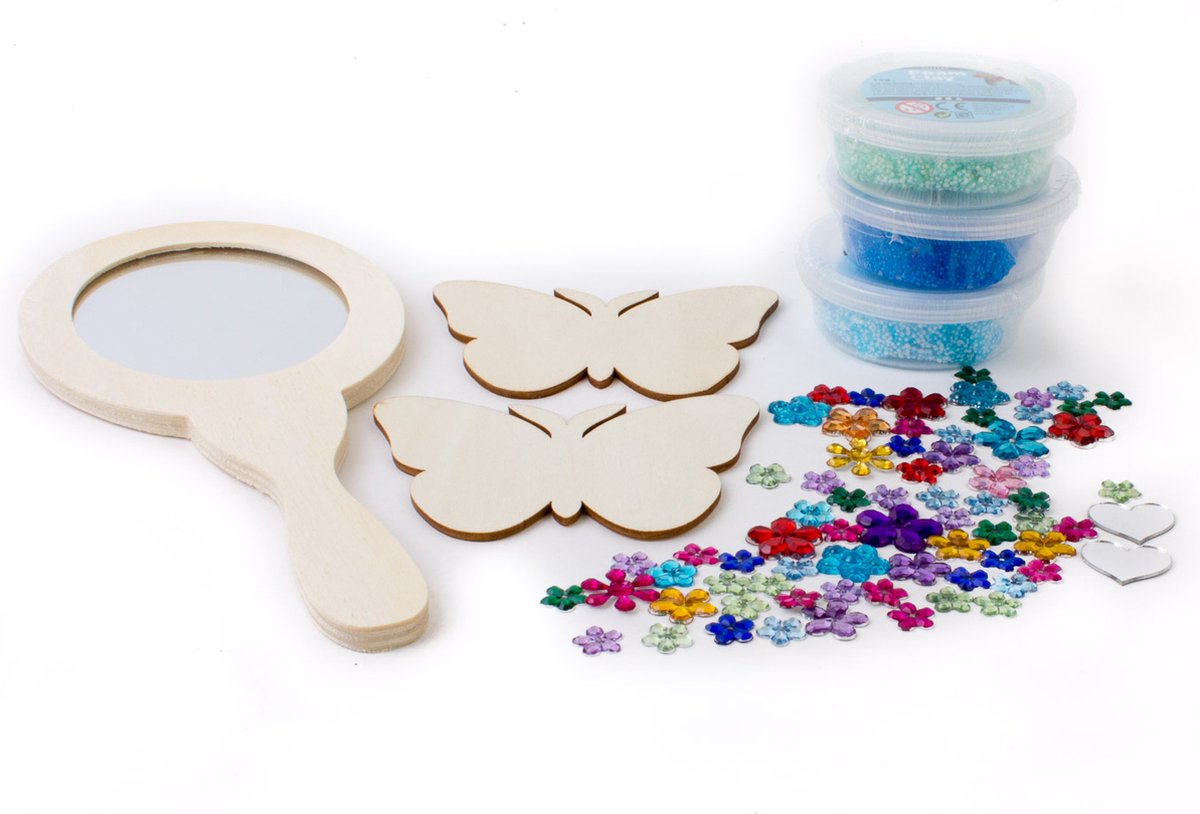 Creatief knutsel pakket foam clay handspiegel vlinders hout diy