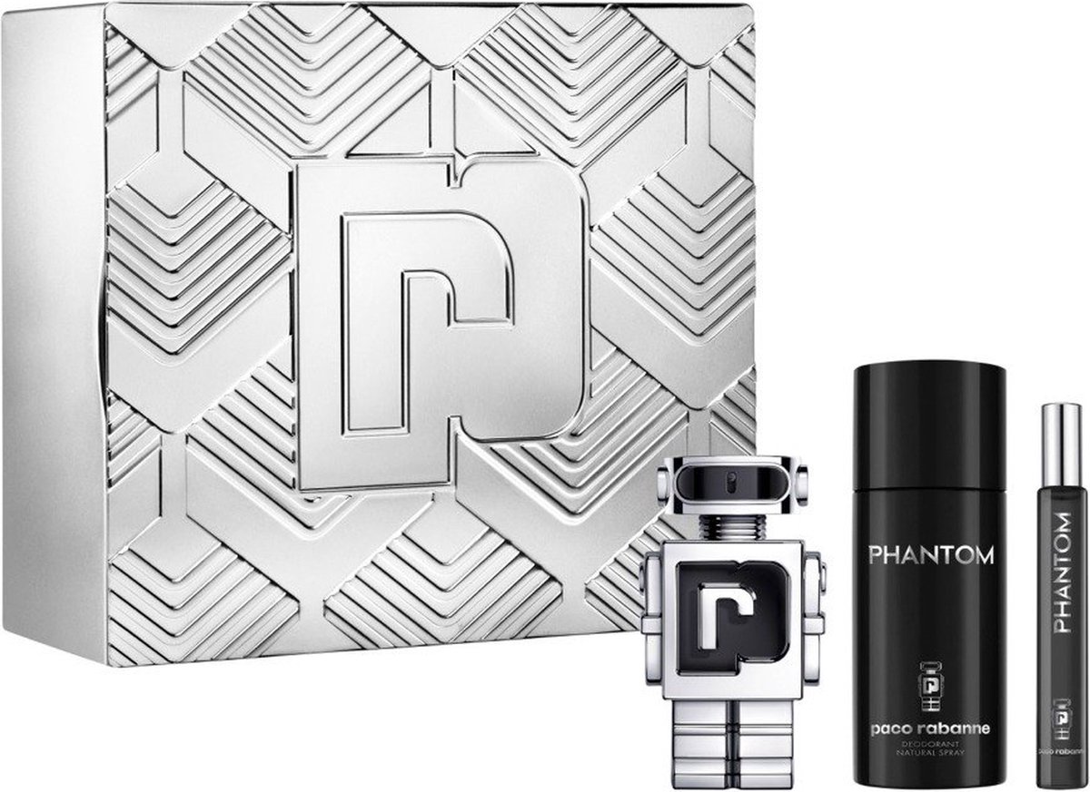 Goedkoopste Paco Rabanne Phantom giftset - 50 ml eau de toilette spray 10 ml eau de toilette spray 150 ml deospray – cadeauset voor heren