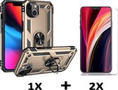 Casemania Hoesje Geschikt voor Apple iPhone 14 Plus Goud & 2X Glazen Screenprotector - Anti-Shock Hybrid Armor met Kickstand Ring