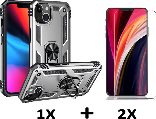 Apple iPhone 14 Plus Case Grijs & 2X Verres Screen Protector - Armure hybride antichoc avec Ring de béquille
