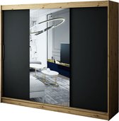 InspireMe - Kledingkast met 3 schuifdeuren, Modern-stijl, Een kledingkast met planken en een spiegel (BxHxD): 250x200x62 - JARED T1 250 Artisan Eik + Zwart Mat met 4 lades