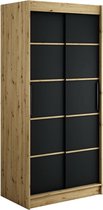 InspireMe - Kledingkast met 2 schuifdeuren, Modern-stijl, Een kledingkast met planken (BxHxD): 100x200x62 - JARED V1 100 Artisan Eik + Zwart Mat met 2 lades