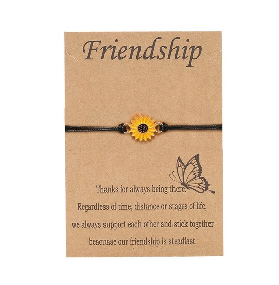 Bixorp Friends Vriendschapsarmbandje met Zonnebloem Zwart Bandje  - BFF Armband Meisjes - Best Friends Armband Vriendschap Cadeau voor Twee