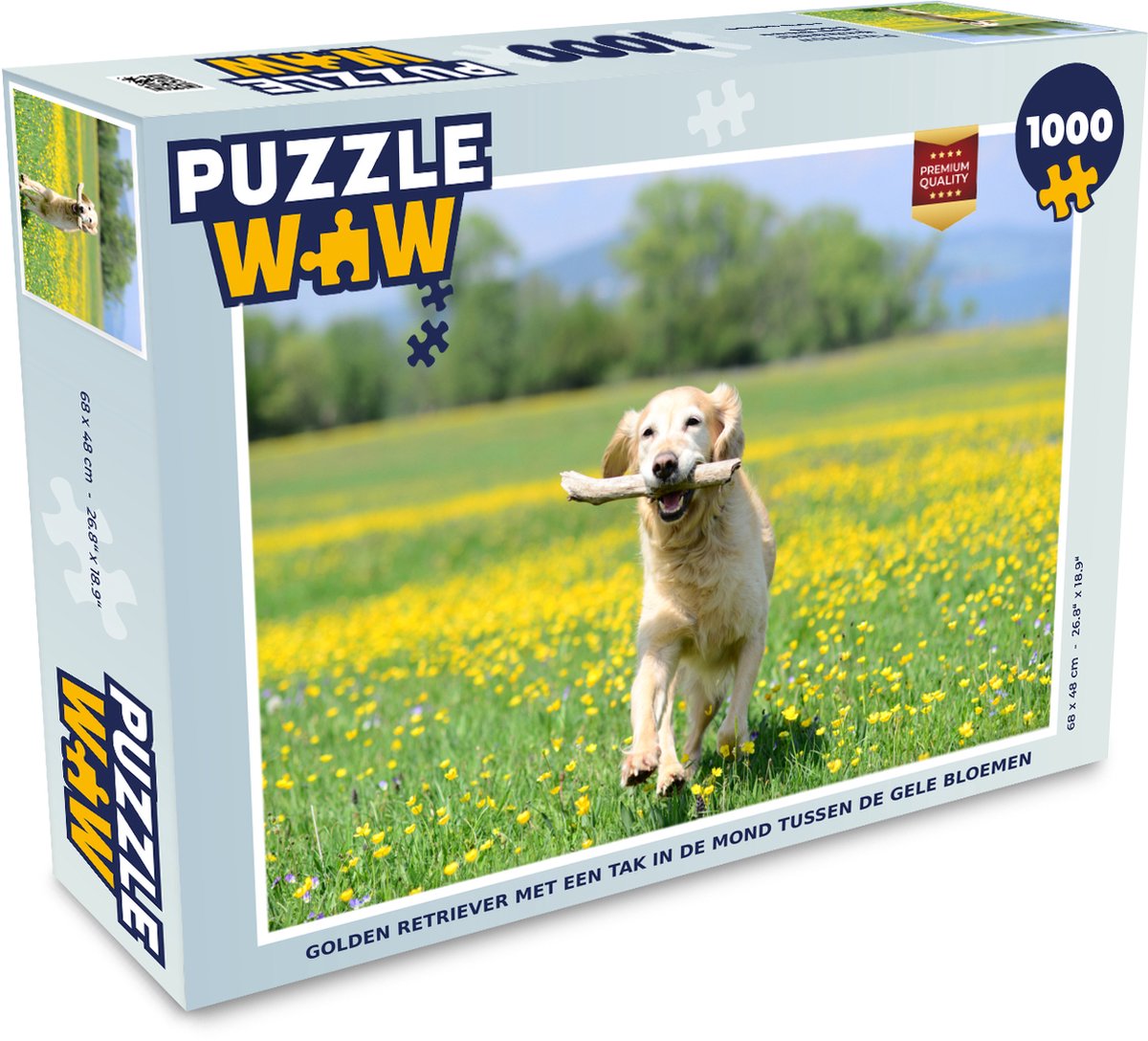 Puzzel Golden Retriever met een tak in de mond tussen de gele bloemen - Legpuzzel - Puzzel 1000 stukjes volwassenen