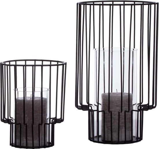 Kersthuisjebestellen - Set van 2 stuks - Metalen Lantaarn / Windlicht met Glazen Inzetstuk - H18 + 30cm - Kaarshouder