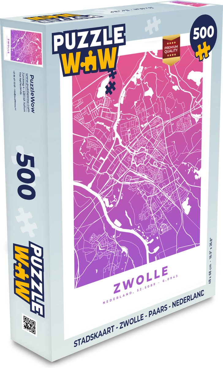 Puzzel Stadskaart - Zwolle - Paars - Nederland - Legpuzzel - Puzzel 500 stukjes - Plattegrond