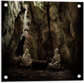 WallClassics - Tuinposter – Buddha Beelden in Grot - 50x50 cm Foto op Tuinposter  (wanddecoratie voor buiten en binnen)