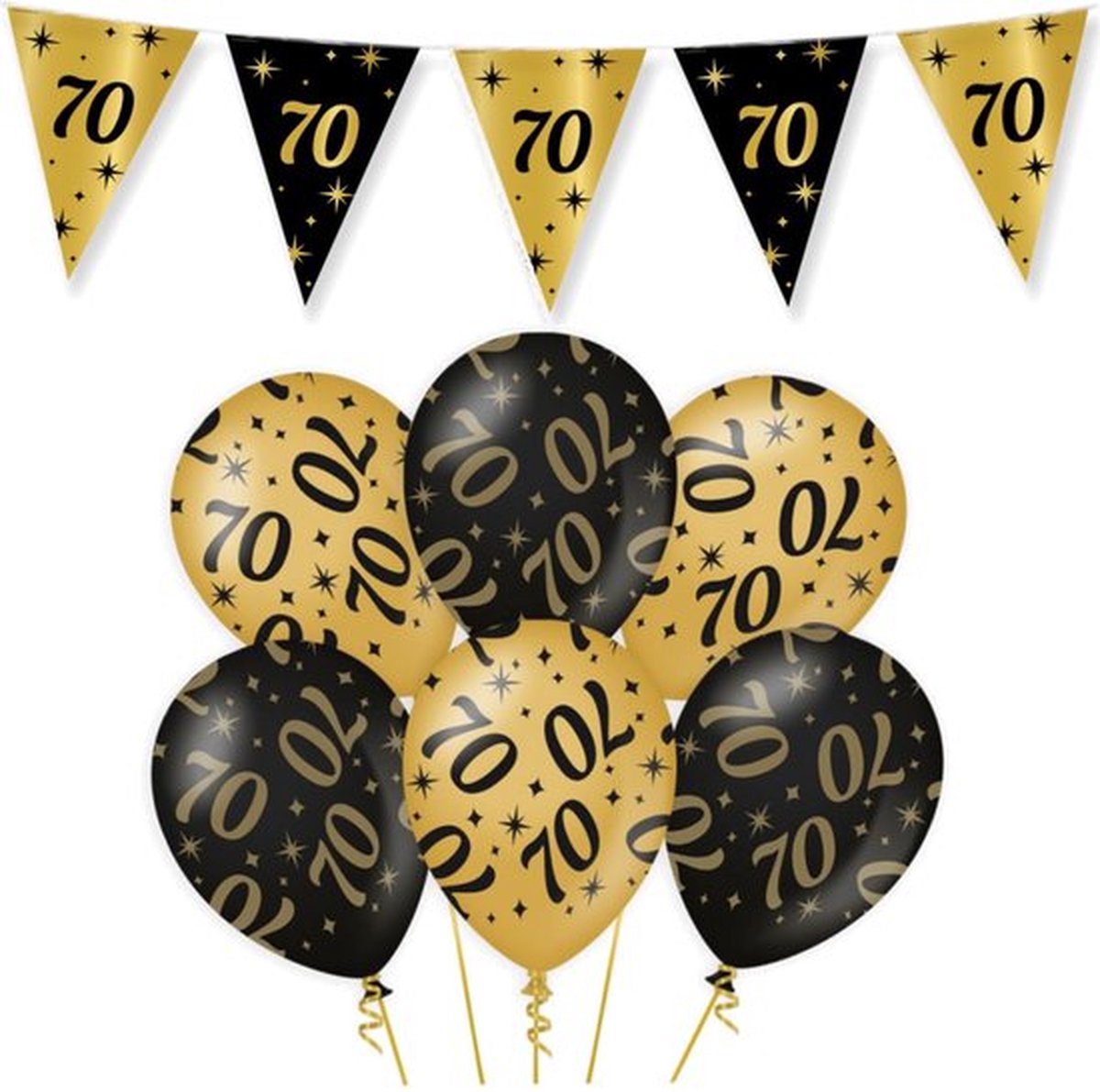 70 Jaar Verjaardag Decoratie Versiering - Feest Versiering - Vlaggenlijn - Ballonnen - Man & Vrouw - Zwart en Goud - Merkloos