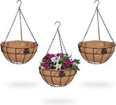 Relaxdays hanging basket kokos - set van 3 - hangende plantenmand - plantenhangers metaal