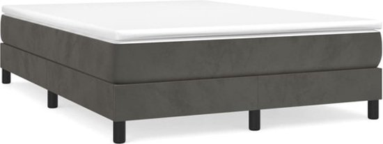 Donkergrijs fluwelen boxspring met matras, 140x200 cm, op zwarte pootjes.