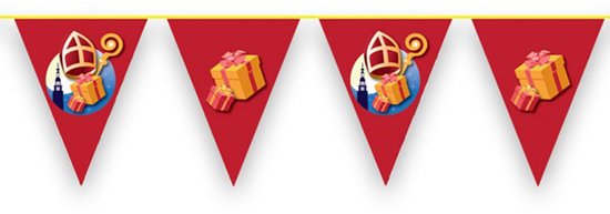 Vlaggenlijn met rode driehoeken. Afbeeldingen van Sinterklaas, cadeautjes en de intocht. "Welkom Sinterklaas".