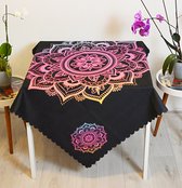 Tafelkleed vierkant 140x140 cm - Bedrukt Velvet Textiel -  Kleurrijke Mandala op Zwart - Tafellaken - De Groen Home