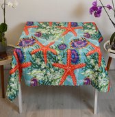 Tafelkleed vierkant 140x140 cm - Bedrukt Velvet Textiel - Zeester&Koraal - Tafellaken - De Groen Home
