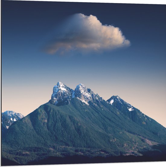 WallClassics - Dibond - Eenzame Wolk op Bergtop - 80x80 cm Foto op Aluminium (Met Ophangsysteem)