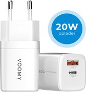 Voomy Snellader 20W - USB-C & USB-A - Geschikt voor Apple Iphone 11 / 12 / 13 / 14 & Samsung S20 / S21 / S22 / A53 - Adapter Universeel - Wit