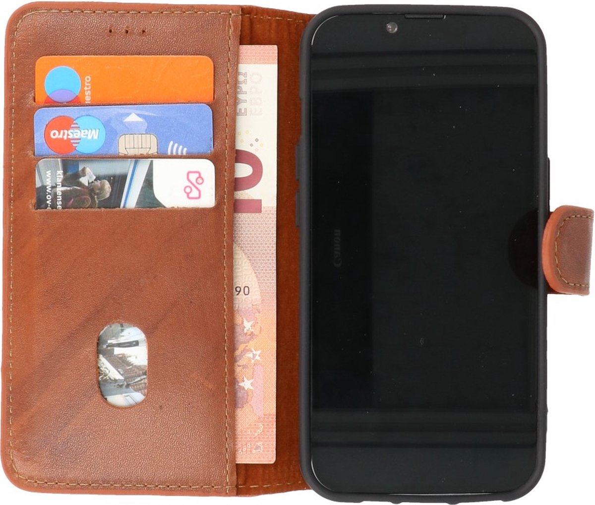 Galata Echt Lederen iPhone 14 Pro Handmade Hoesje - BookCase - Bruin