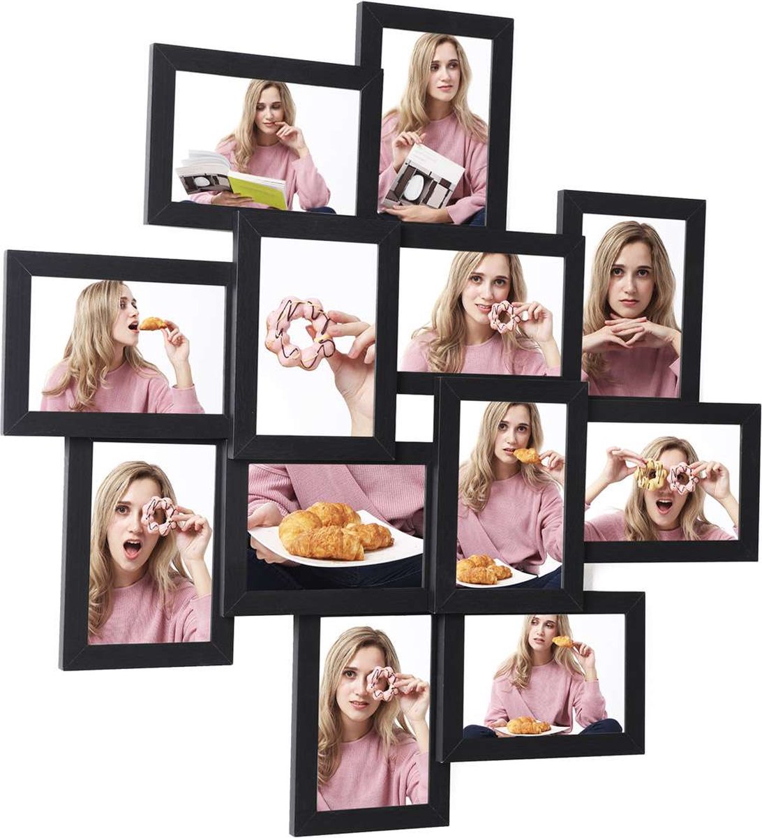 Hoppa! fotolijstcollage, voor 12 foto's in 4 x 6″ (10 x 15 cm), montage verplicht, fotocollage, fotolijst, voor meerdere foto's, met glasplaat, zwart
