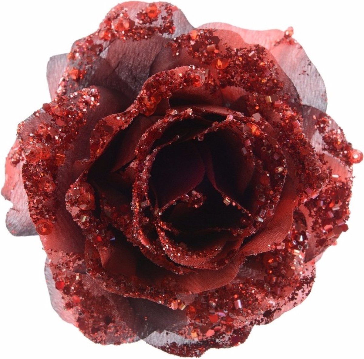 Decoris Kersthanger op clip - roos - donkerrood - bloem - glitter - 14 cm