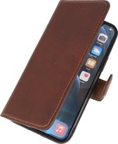 Galata Echt Lederen iPhone 14 Pro Handmade Hoesje - BookCase - Antiek Bruin