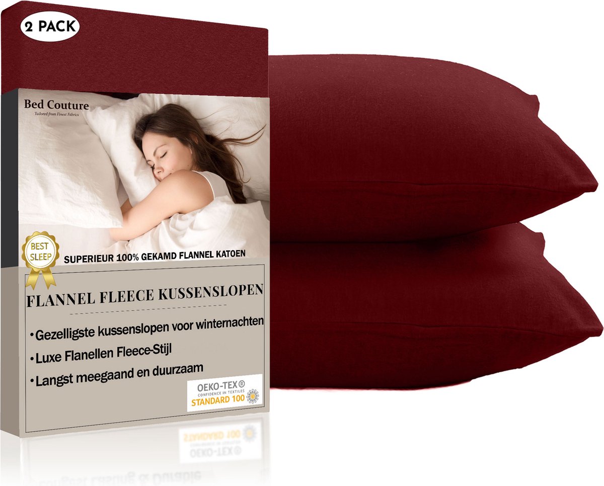 Bed Couture Flanel Fleece Kussenslopen - 100% Katoen Extra zacht en Warm - Set van 2 - 80x80 Cm - Kastanjebruin