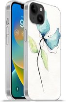 Geschikt voorApple Iphone 14 Plus - Soft case hoesje - Bloemen - Waterverf - Blauw - Siliconen Telefoonhoesje