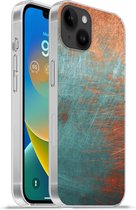 Geschikt voorApple Iphone 14 Plus - Soft case hoesje - Metaal - Roest print - Brons - Blauw - Abstract - Structuur - Siliconen Telefoonhoesje