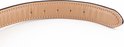 Binnenzijde van een bruine leren hondenhalsband met beige voering en gele stiksels.