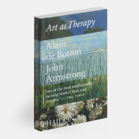 Boek 'Art as Therapy' van Alain de Botton en John Armstrong, met collage van landschappen op de omslag en zijkant.