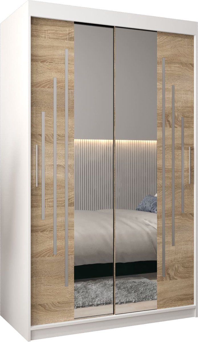 InspireME Kledingkast met 2 schuifdeuren, Modern-stijl, Een kledingkast met planken en een spiegel (BxHxD): 120x200x62 - MALTESE I 120 Wit Mat + Sonoma Eik met 2 lades
